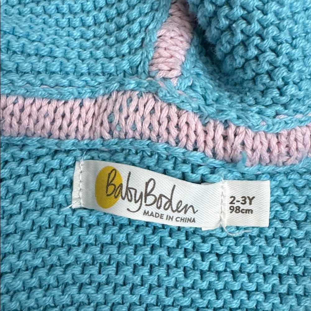 Baby Boden Blue Knit Hooded Cardigan jacket with spring animal farm embroidery - Picture 7 of 8